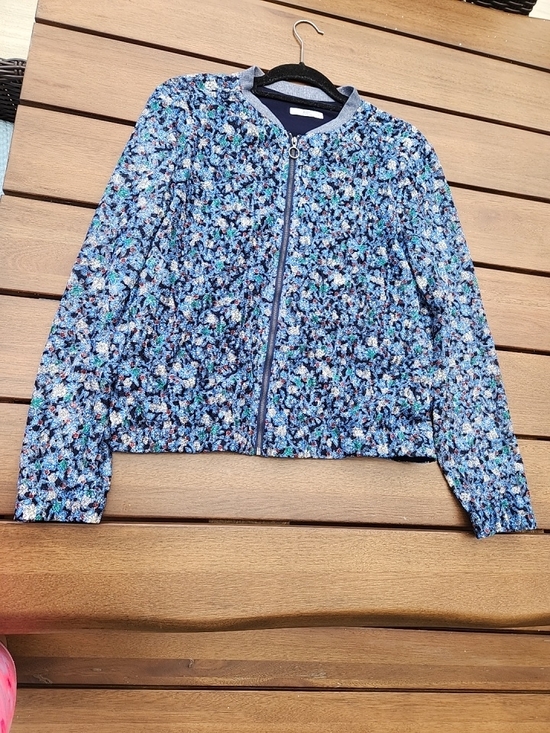 Edc Jackets & Blazers - Edc Floral Blue Zip-Front Pea Coat